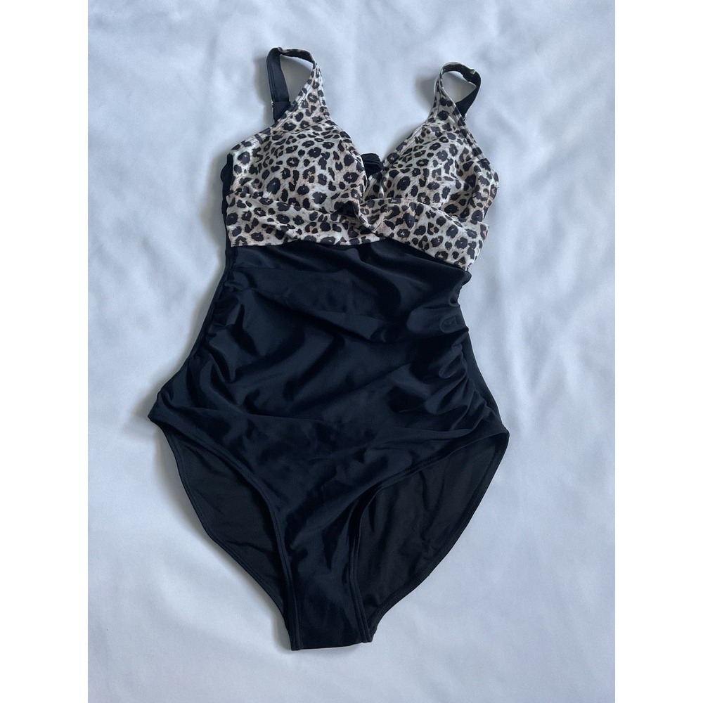 EoMENIE  Leopart Print Black Wireless One Piece Swimsuit Bathing Suit S